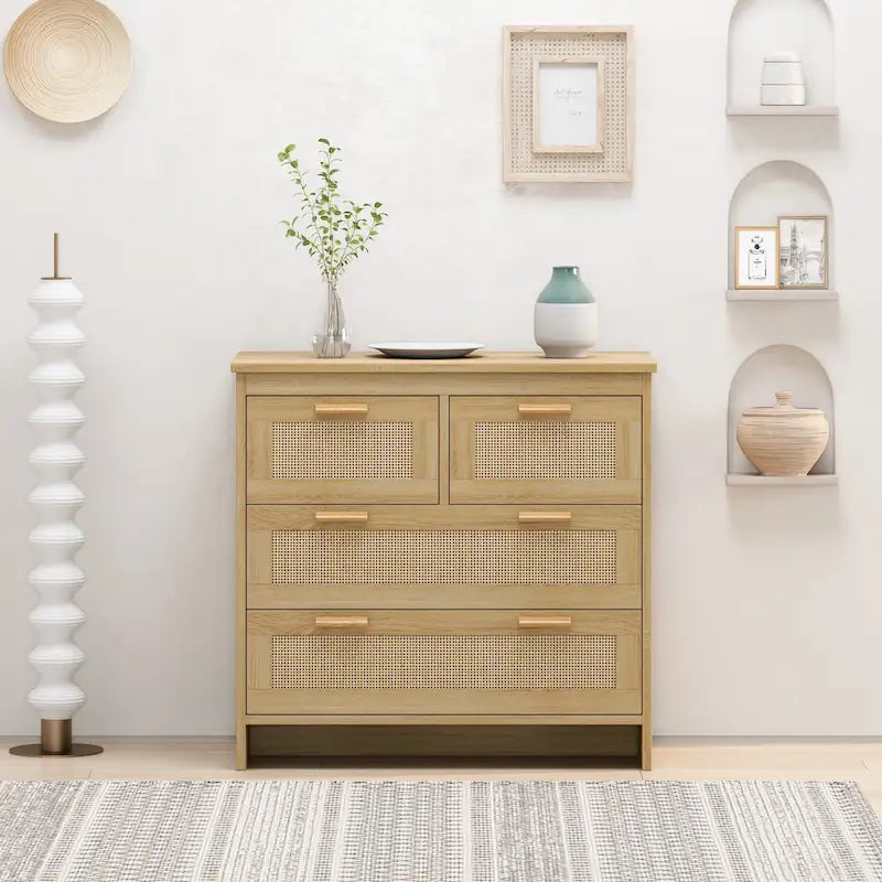 4 Drawer Natural Rattan Storage Cabinet, Wooden Dresser
