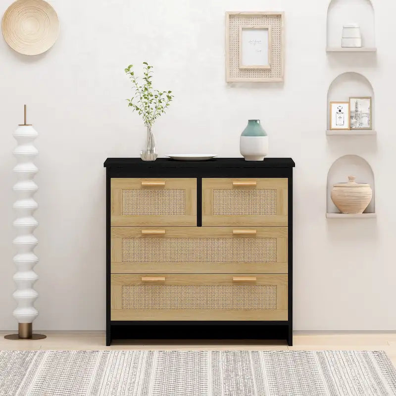 4 Drawer Natural Rattan Storage Cabinet, Wooden Dresser