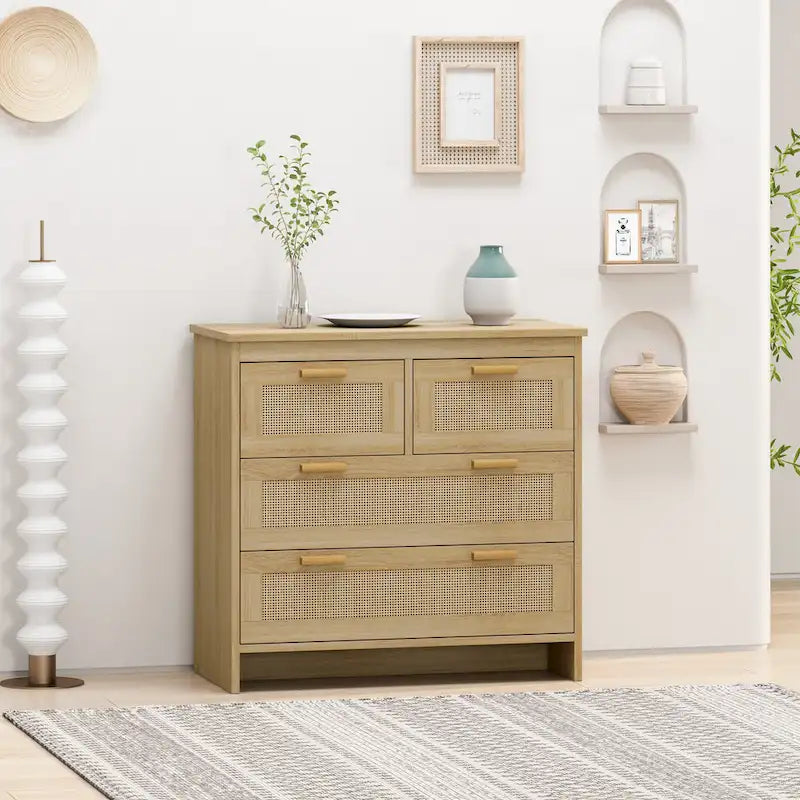 4 Drawer Natural Rattan Storage Cabinet, Wooden Dresser
