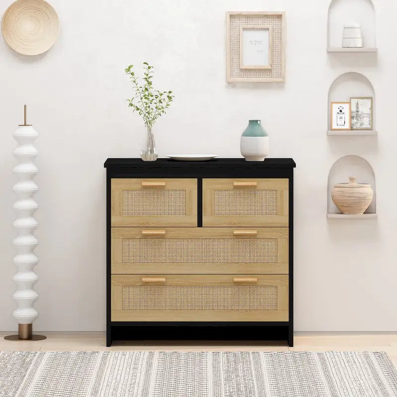 4 Drawer Natural Rattan Storage Cabinet, Wooden Dresser
