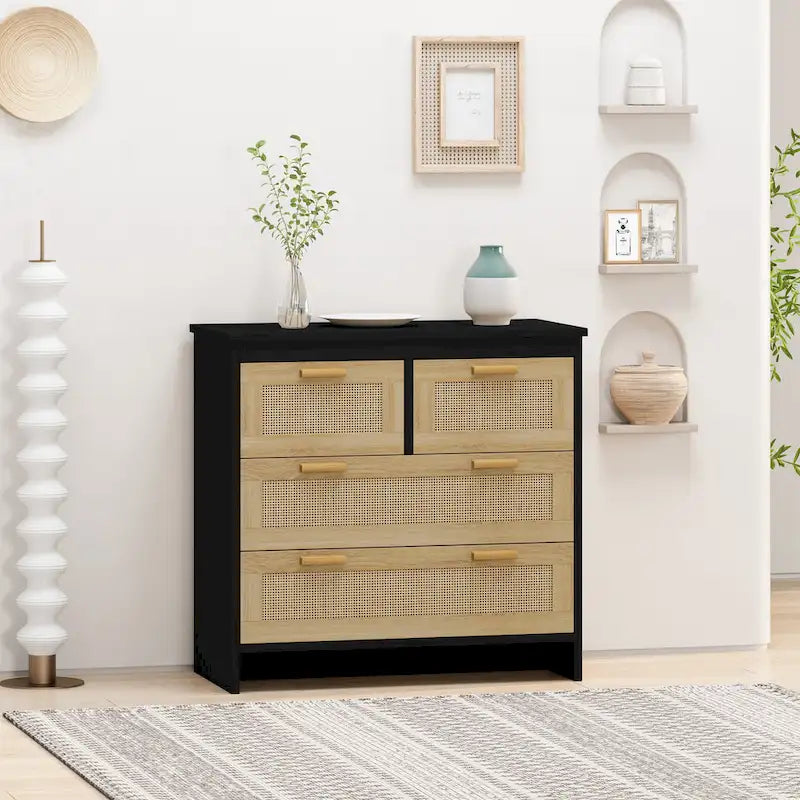 4 Drawer Natural Rattan Storage Cabinet, Wooden Dresser