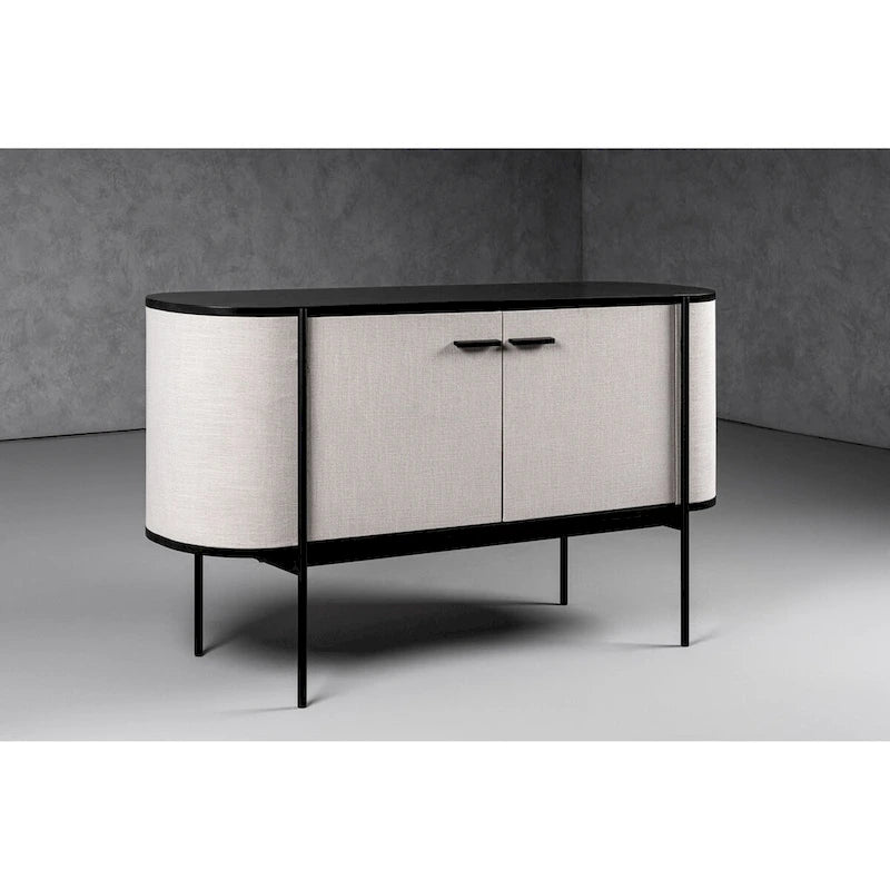 Modern Beige Fabric and Black Metal Sideboard Buffet Cabinet