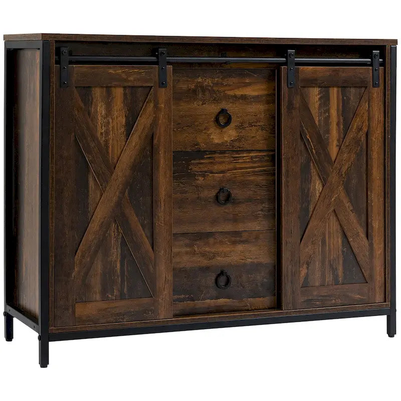 Industrial Farmhouse Buffet Cabinet with Sliding Barn Doors and Three Drawers