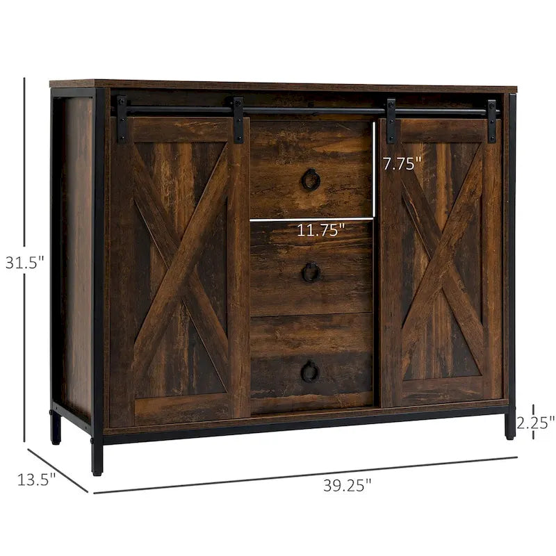 Industrial Farmhouse Buffet Cabinet with Sliding Barn Doors and Three Drawers