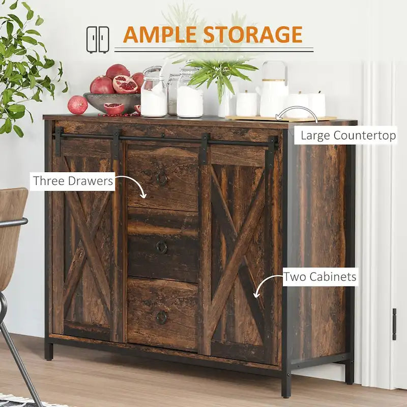Buffetschrank im industriellen Landhausstil mit Schiebetüren im Scheunenstil und drei Schubladen