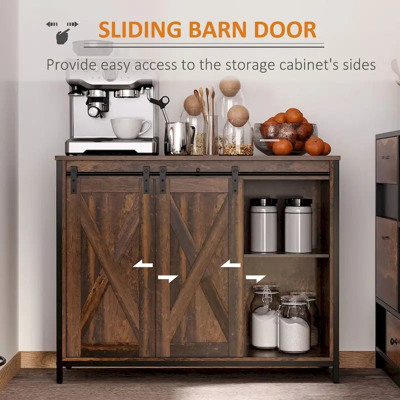 Industrial Farmhouse Buffet Cabinet with Sliding Barn Doors and Three Drawers