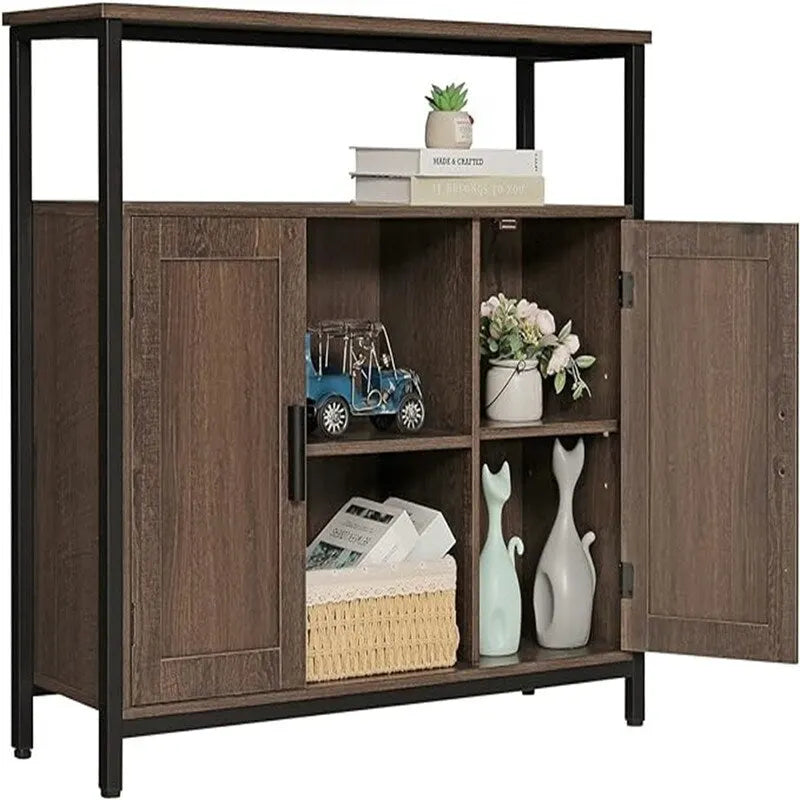 Rustic Industrial Sideboard Buffet Cabinet with Louvered Doors and Open Shelf