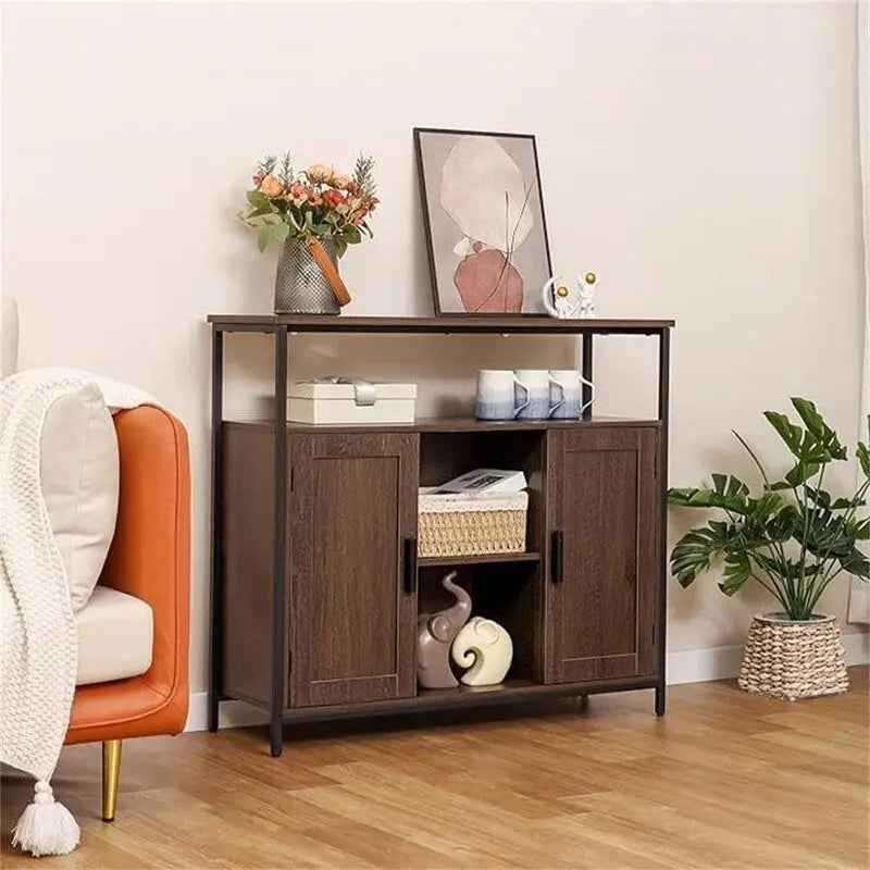 Rustic Industrial Sideboard Buffet Cabinet with Louvered Doors and Open Shelf