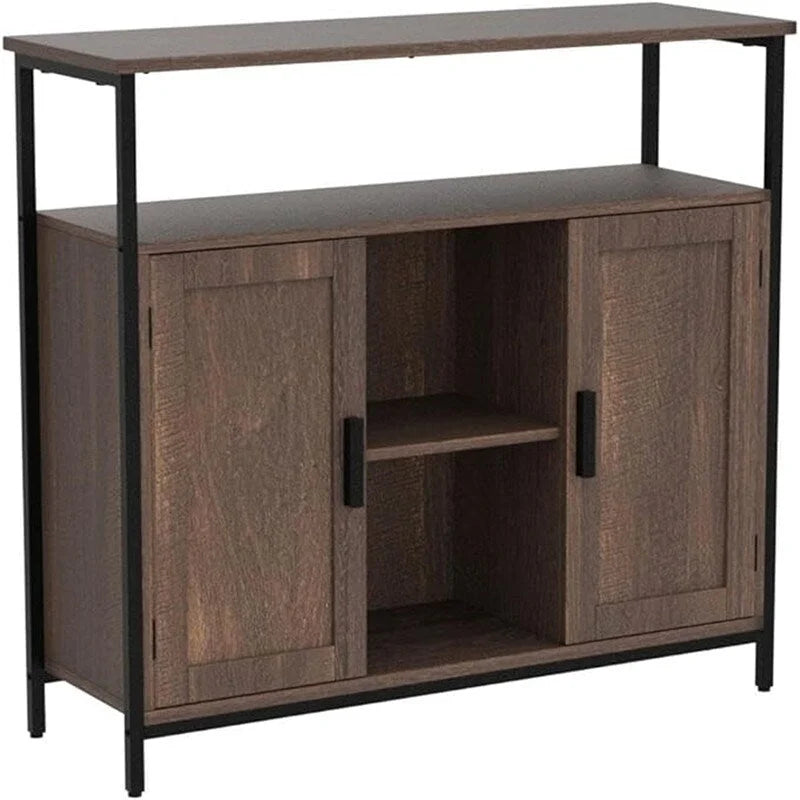 Rustic Industrial Sideboard Buffet Cabinet with Louvered Doors and Open Shelf