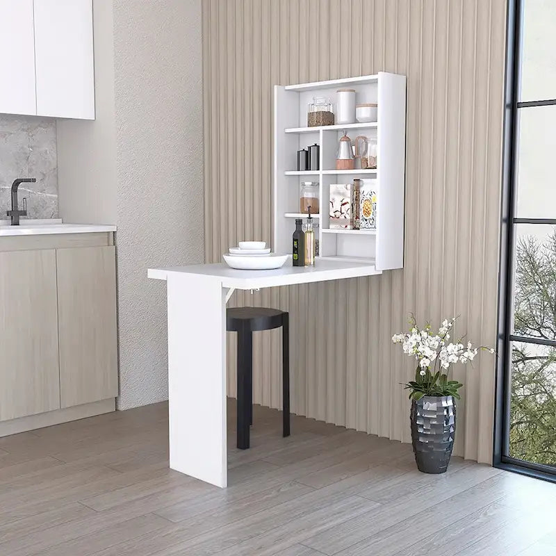 Wall Mounted Foldable Drop Leaf Table with Seven Shelves, White Finish