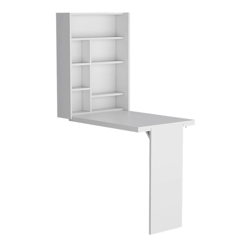 Wall Mounted Foldable Drop Leaf Table with Seven Shelves, White Finish