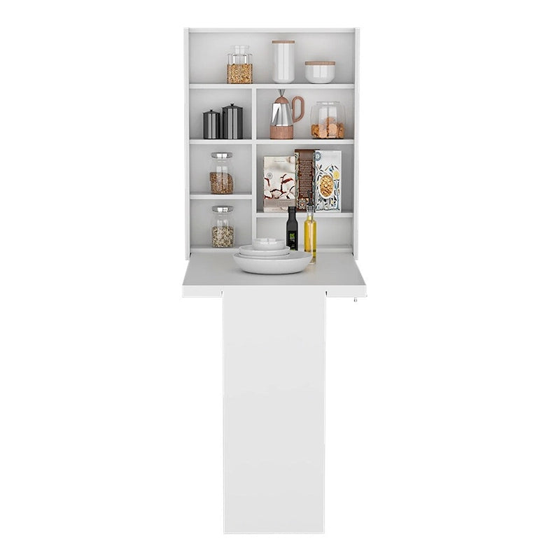 Wall Mounted Foldable Drop Leaf Table with Seven Shelves, White Finish