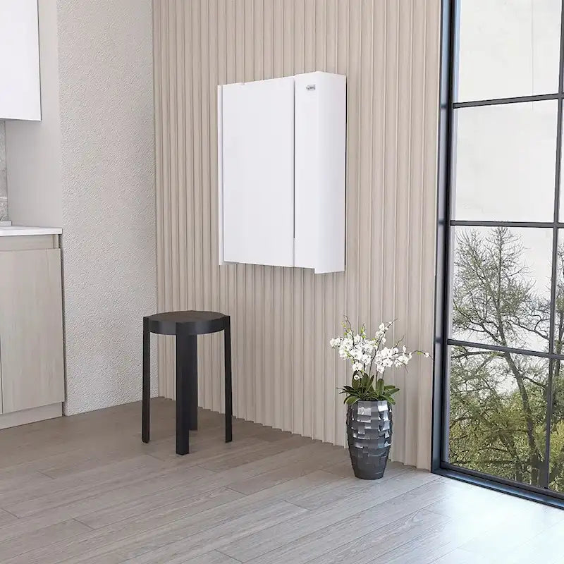 Wall Mounted Foldable Drop Leaf Table with Seven Shelves, White Finish