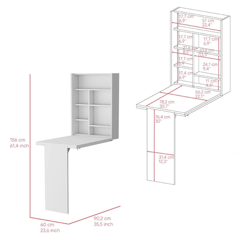 Wall Mounted Foldable Drop Leaf Table with Seven Shelves, White Finish