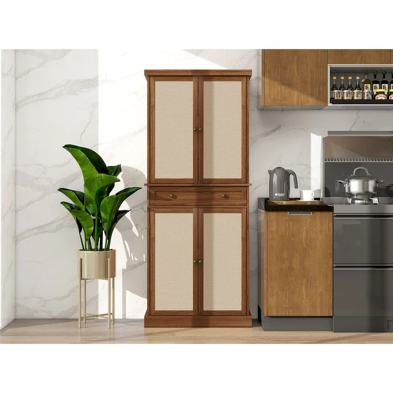 4 Door Rattan Storage Cabinet with 1 Drawer, Modern Freestanding