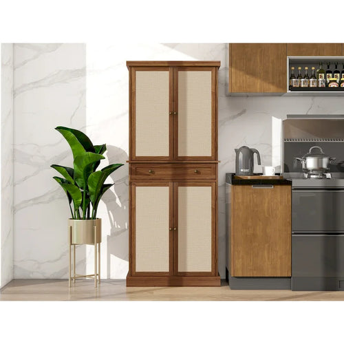 4 Door Rattan Storage Cabinet with 1 Drawer, Modern Freestanding
