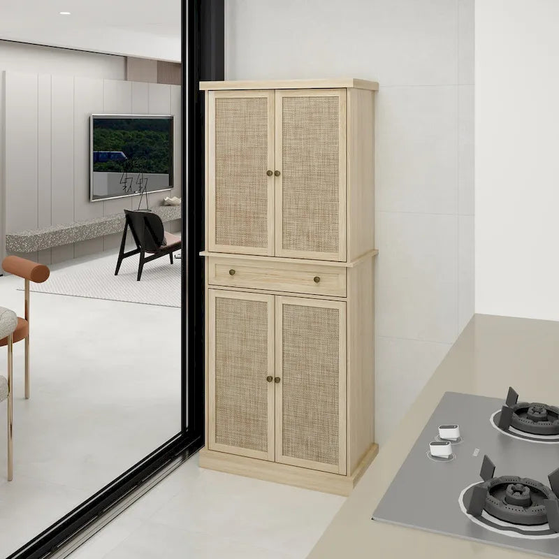4 Door Rattan Storage Cabinet with 1 Drawer, Modern Freestanding