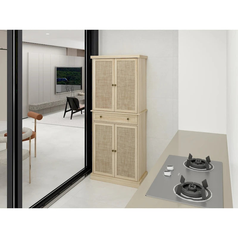 Credenza contenitore in rattan con 4 ante e 1 cassetto, moderna e indipendente