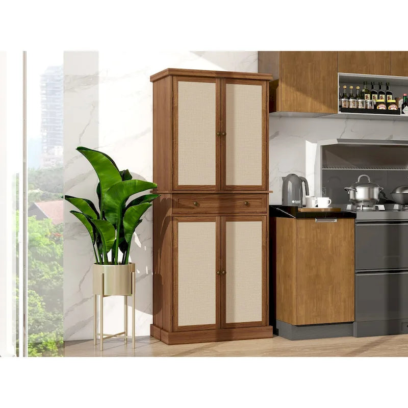 4 Door Rattan Storage Cabinet with 1 Drawer, Modern Freestanding