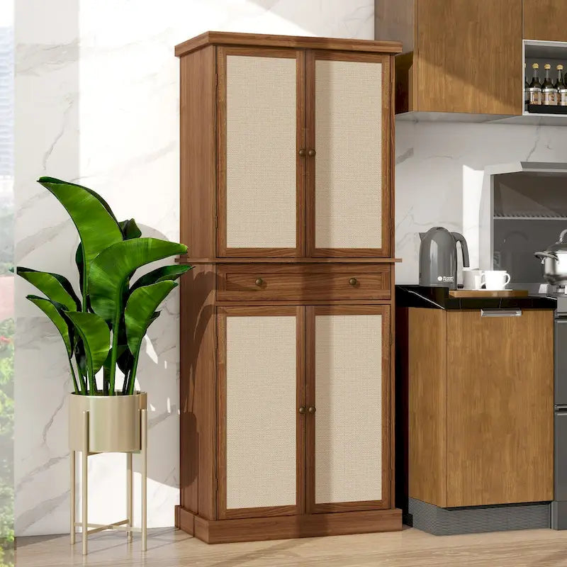 Credenza contenitore in rattan con 4 ante e 1 cassetto, moderna e indipendente
