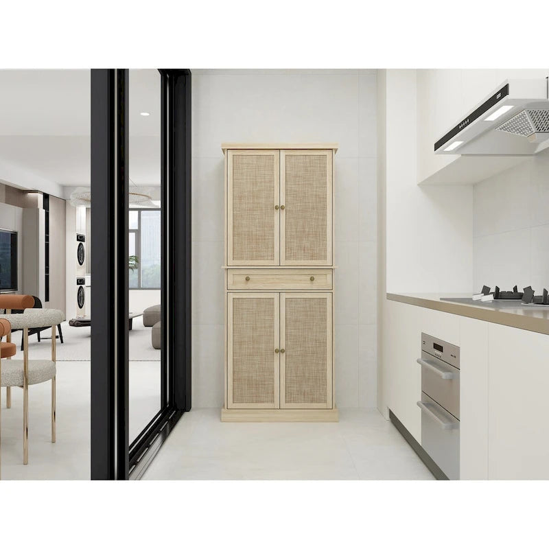 Credenza contenitore in rattan con 4 ante e 1 cassetto, moderna e indipendente