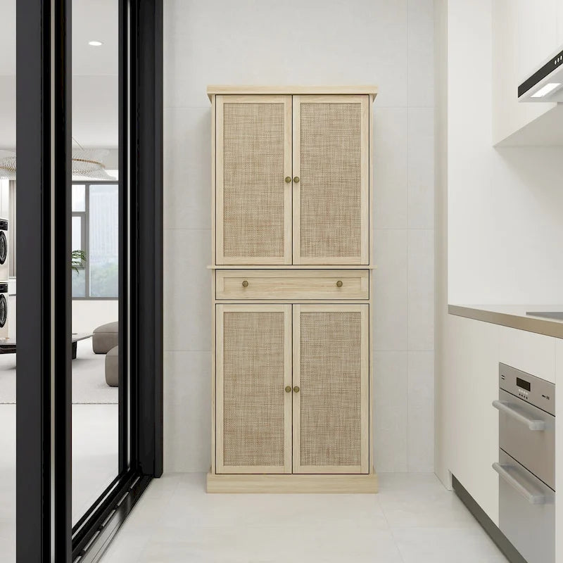 Credenza contenitore in rattan con 4 ante e 1 cassetto, moderna e indipendente