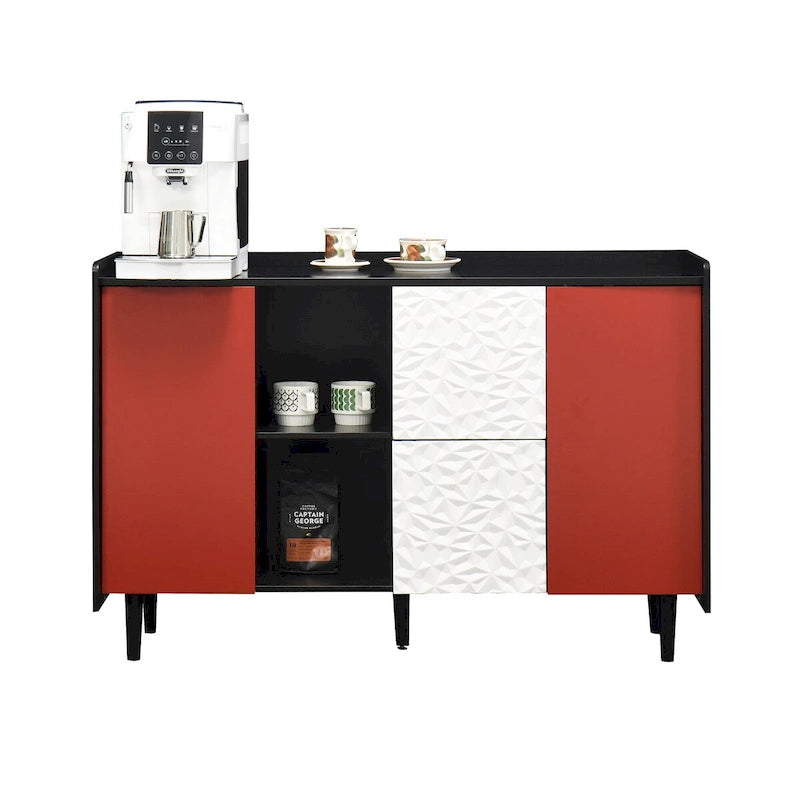 Black Sideboard Buffet Cabinet with Red Doors, 2 Drawers and 2 Open Compartments