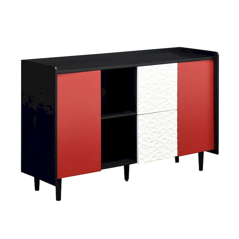 Black Sideboard Buffet Cabinet with Red Doors, 2 Drawers and 2 Open Compartments