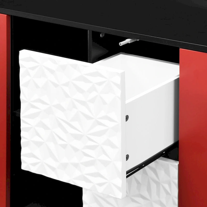 Black Sideboard Buffet Cabinet with Red Doors, 2 Drawers and 2 Open Compartments
