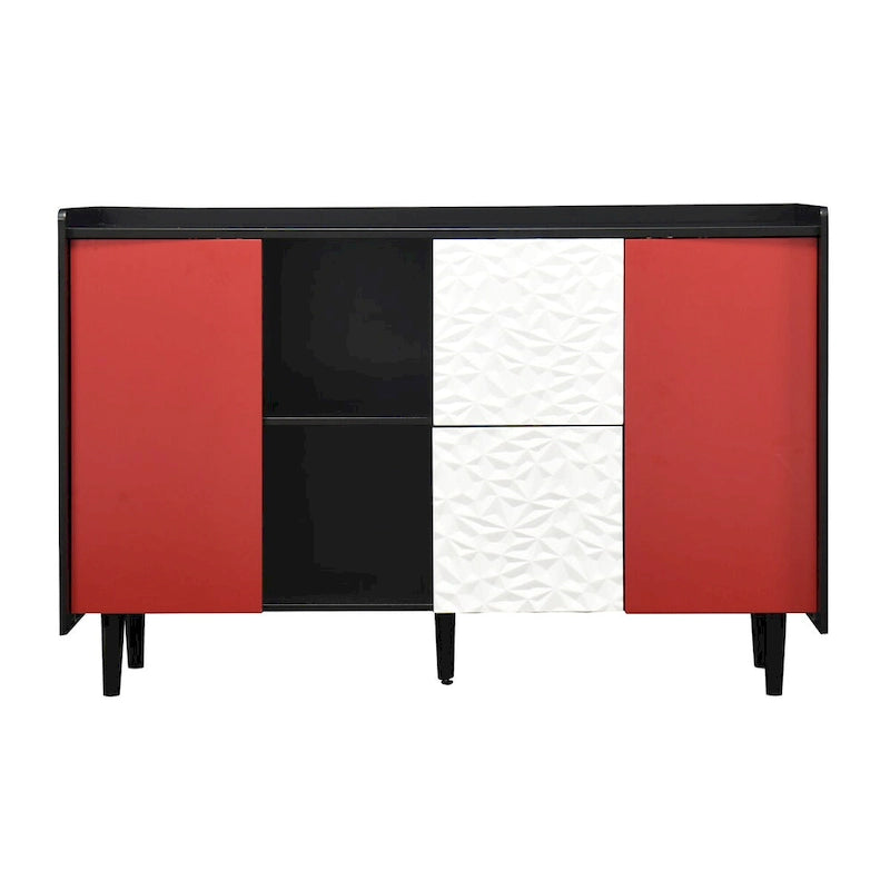 Black Sideboard Buffet Cabinet with Red Doors, 2 Drawers and 2 Open Compartments
