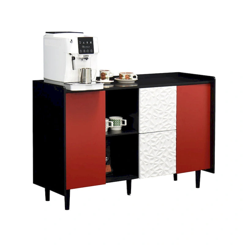 Black Sideboard Buffet Cabinet with Red Doors, 2 Drawers and 2 Open Compartments