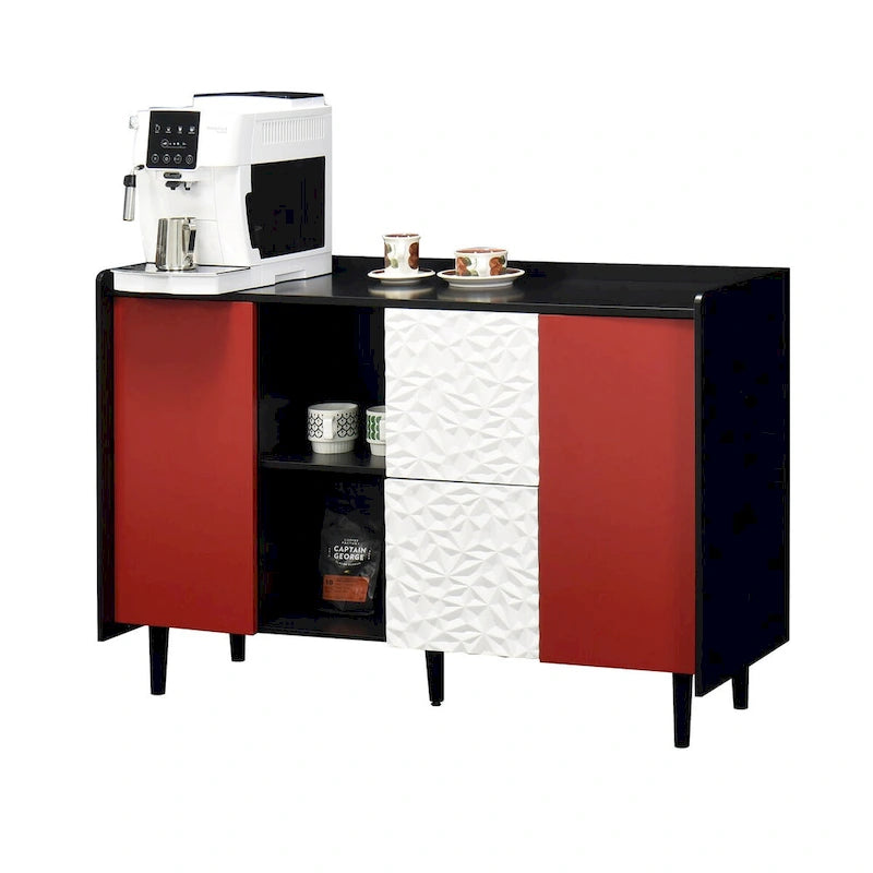 Black Sideboard Buffet Cabinet with Red Doors, 2 Drawers and 2 Open Compartments