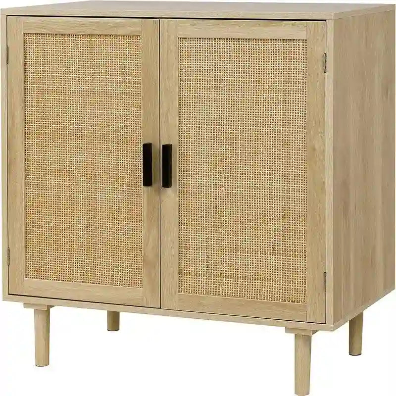 Buffet avec portes en rotin, meuble de rangement de cuisine, 15.8D x 31.5W x 34.6H