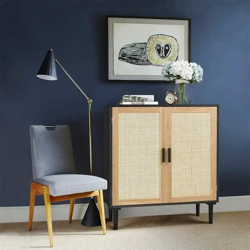 Buffet avec portes en rotin, meuble de rangement de cuisine, 15.8D x 31.5W x 34.6H