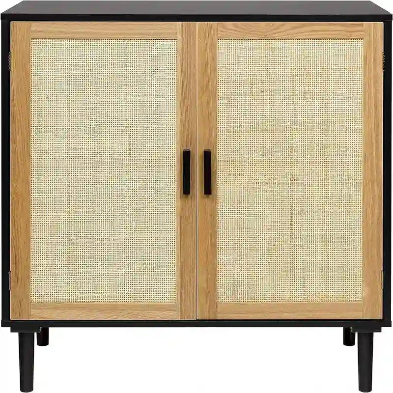 Buffet avec portes en rotin, meuble de rangement de cuisine, 15.8D x 31.5W x 34.6H