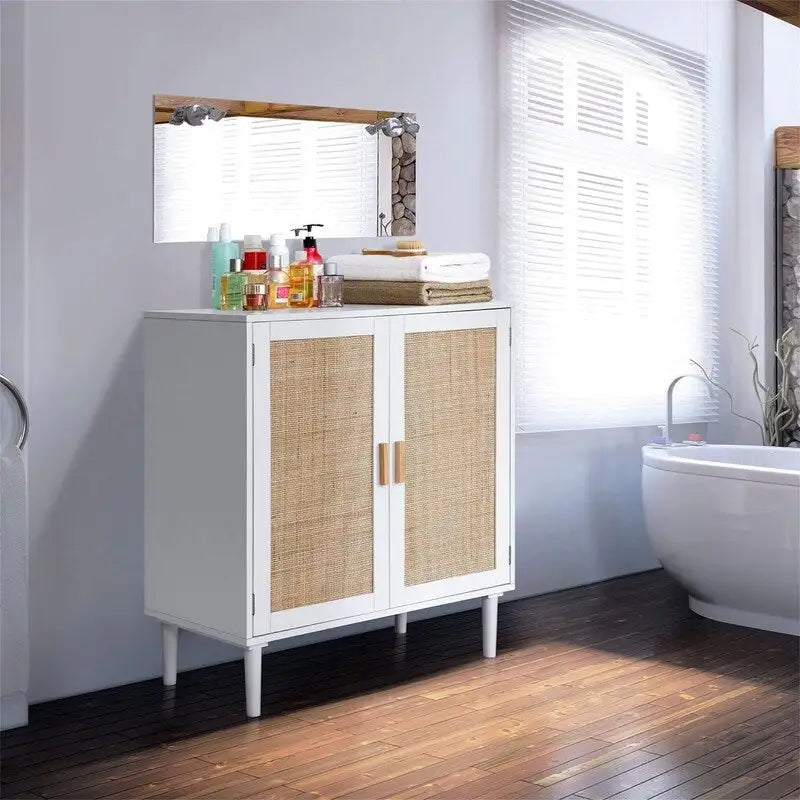 Buffet avec portes en rotin, meuble de rangement de cuisine, 15.8D x 31.5W x 34.6H