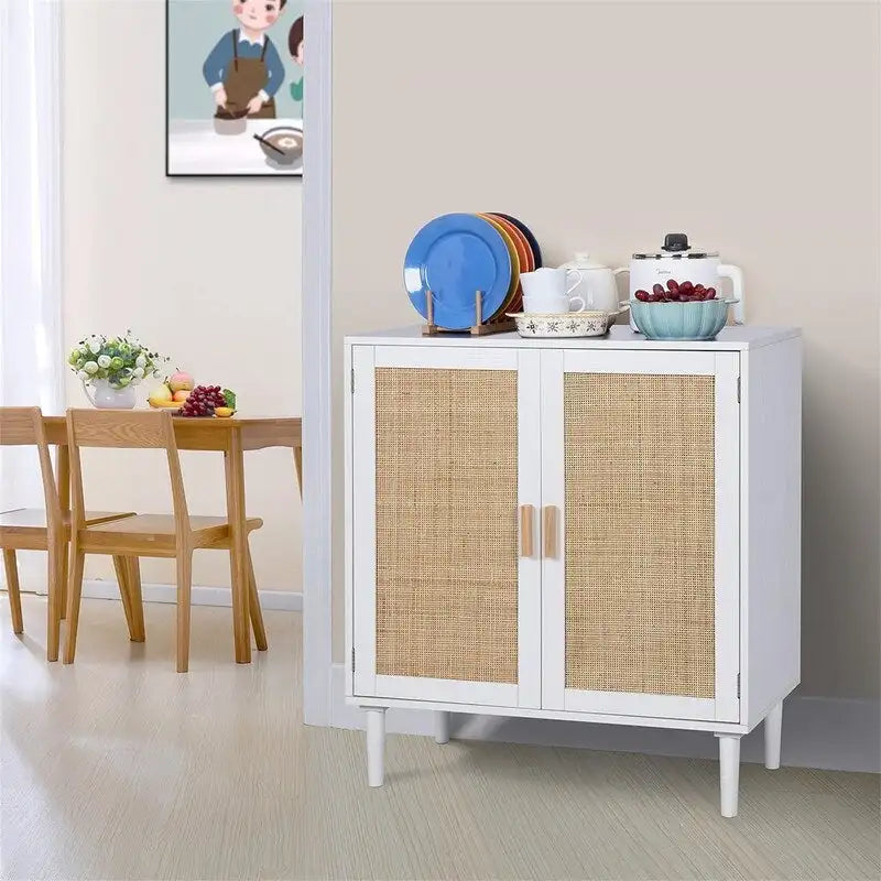 Buffet avec portes en rotin, meuble de rangement de cuisine, 15.8D x 31.5W x 34.6H