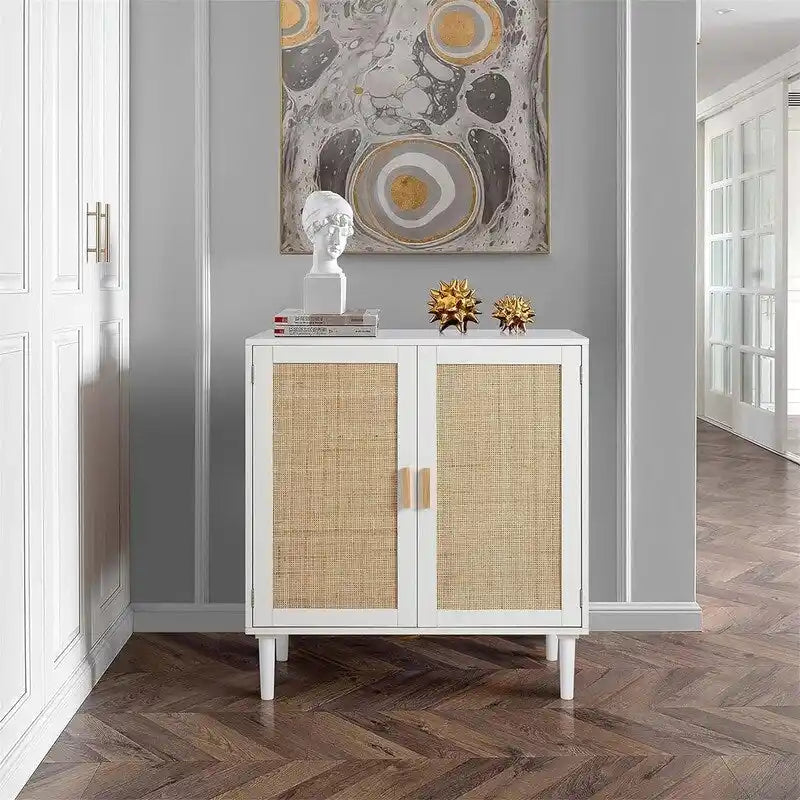 Buffet avec portes en rotin, meuble de rangement de cuisine, 15.8D x 31.5W x 34.6H