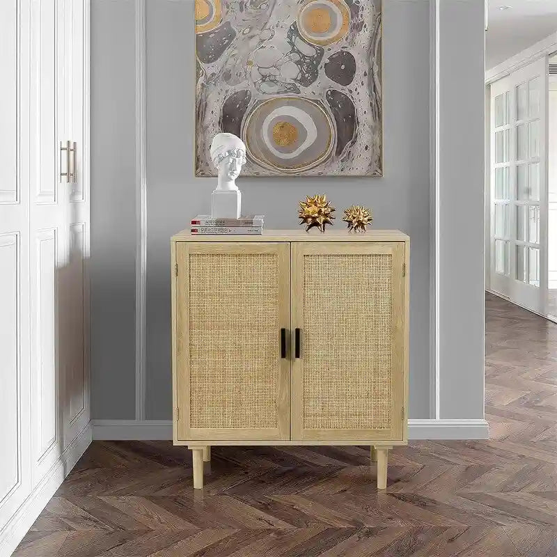 Buffet avec portes en rotin, meuble de rangement de cuisine, 15.8D x 31.5W x 34.6H