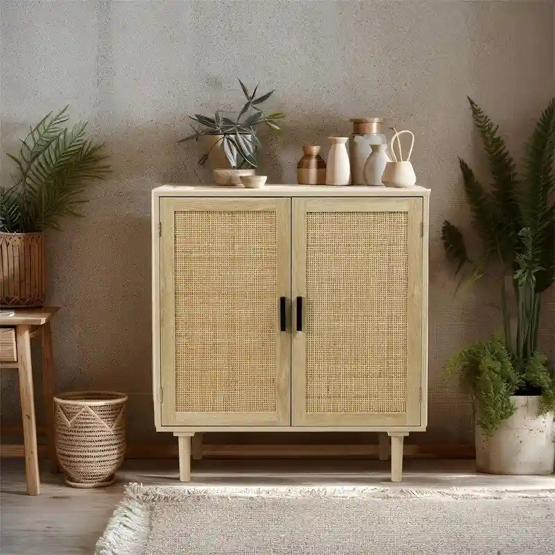 Buffet avec portes en rotin, meuble de rangement de cuisine, 15.8D x 31.5W x 34.6H