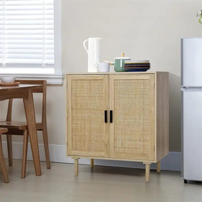 Buffet avec portes en rotin, meuble de rangement de cuisine, 15.8D x 31.5W x 34.6H