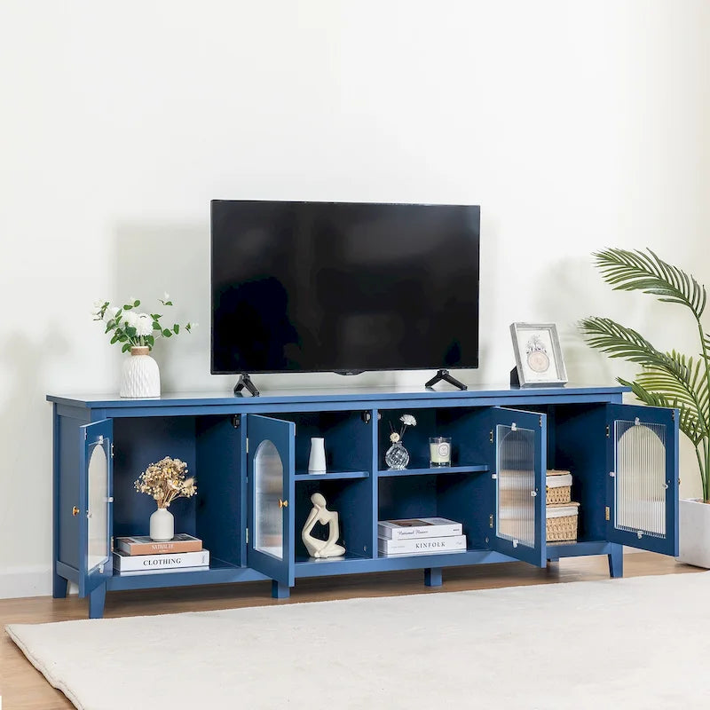 71 Inch Retro White TV Cabinet with Rainbow Glass Doors and Pine Frame
