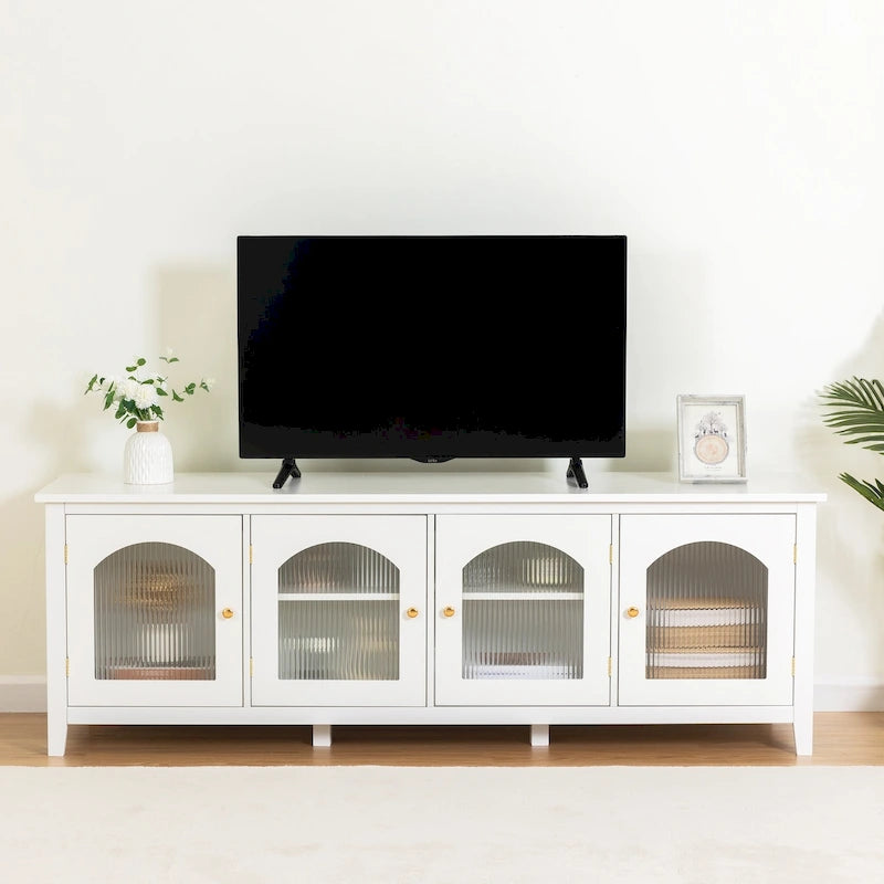 71 Inch Retro White TV Cabinet with Rainbow Glass Doors and Pine Frame