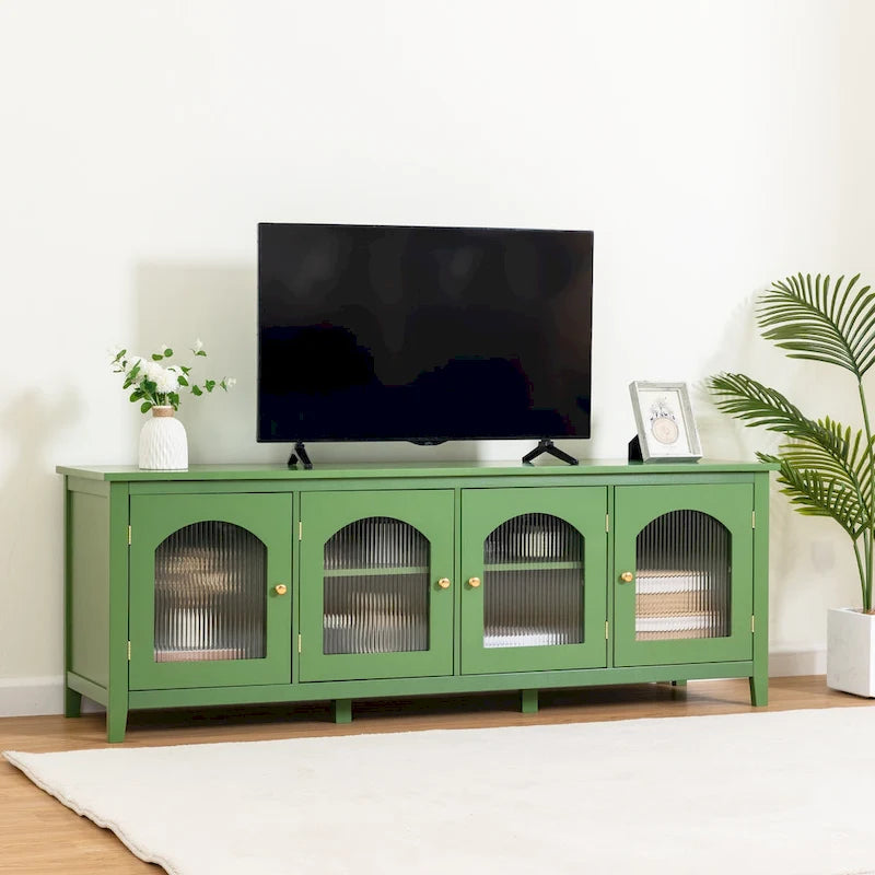 71 Inch Retro White TV Cabinet with Rainbow Glass Doors and Pine Frame