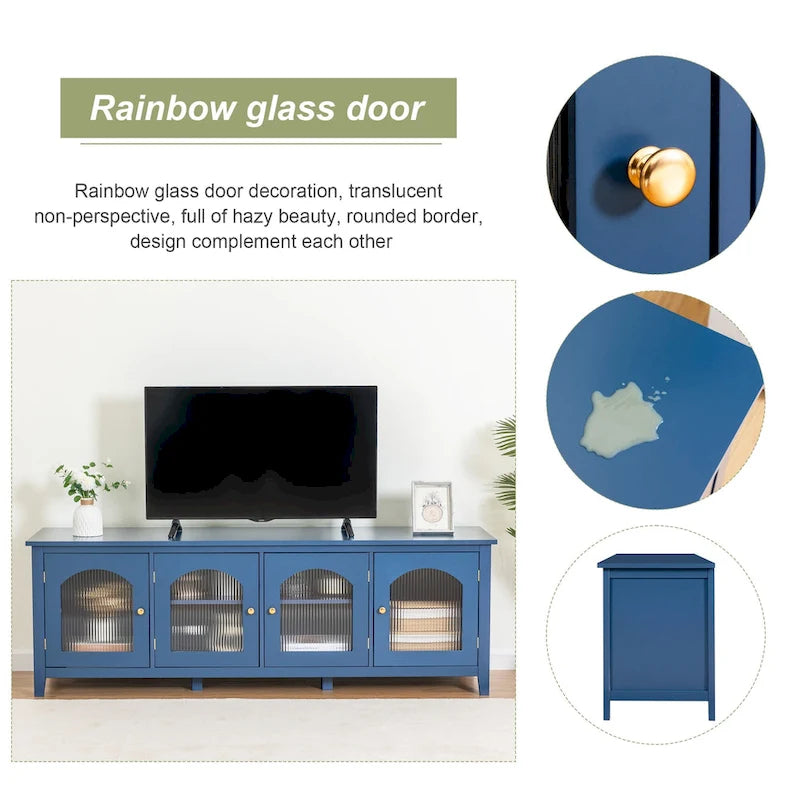 Meuble TV rétro blanc de 71 pouces avec portes en verre multicolore et structure en pin