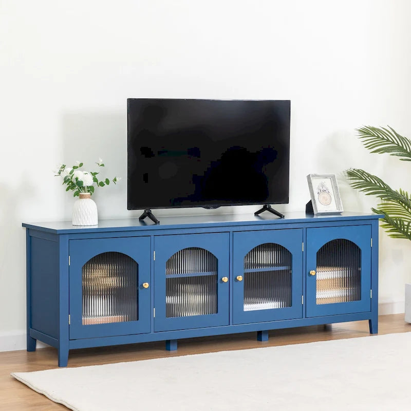 Meuble TV rétro blanc de 71 pouces avec portes en verre multicolore et structure en pin