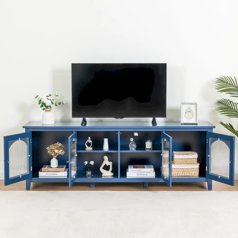 Meuble TV rétro blanc de 71 pouces avec portes en verre multicolore et structure en pin