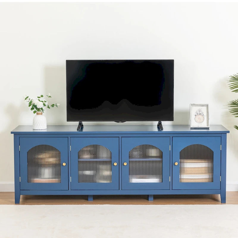 Meuble TV rétro blanc de 71 pouces avec portes en verre multicolore et structure en pin