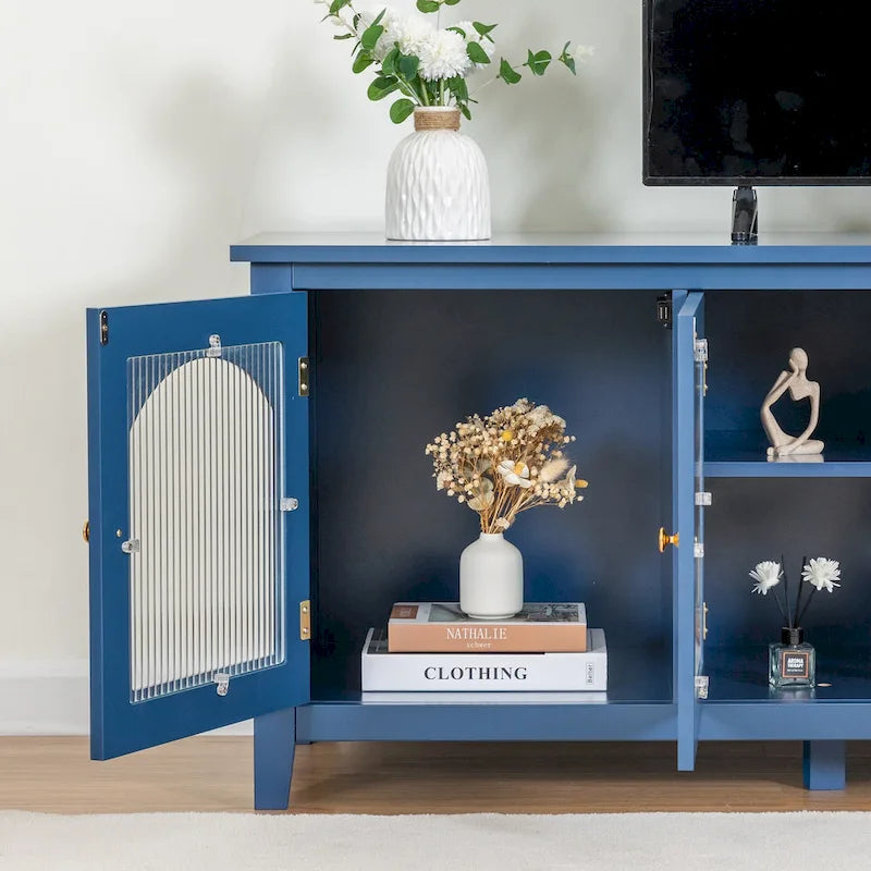 Meuble TV rétro blanc de 71 pouces avec portes en verre multicolore et structure en pin