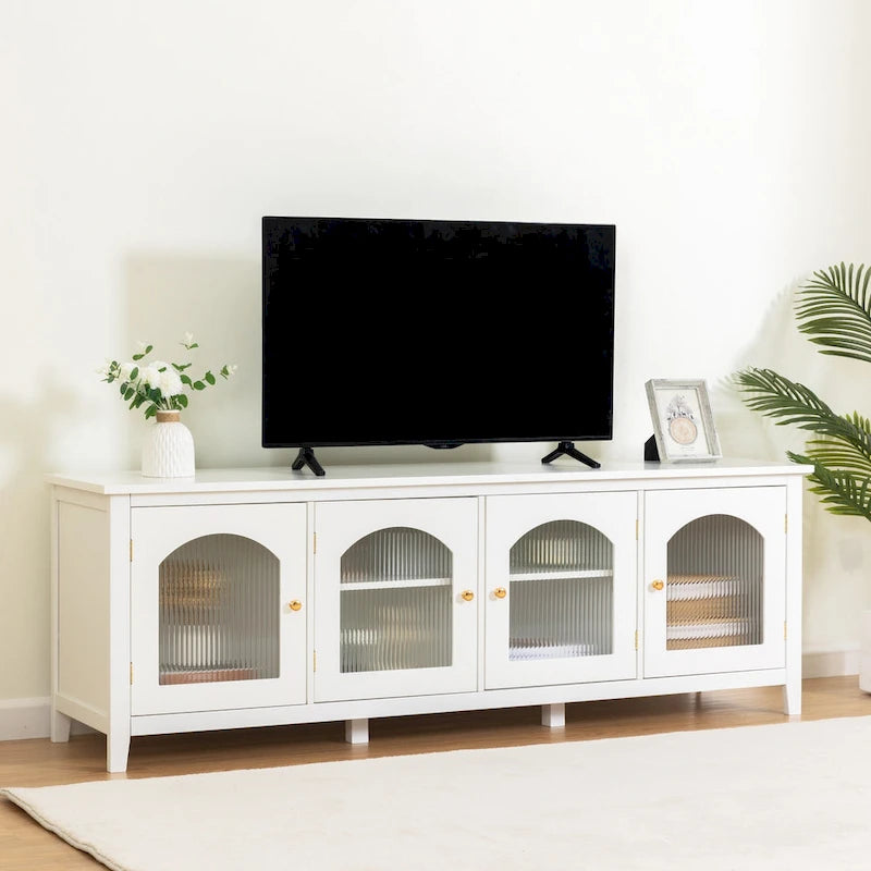 Meuble TV rétro blanc de 71 pouces avec portes en verre multicolore et structure en pin